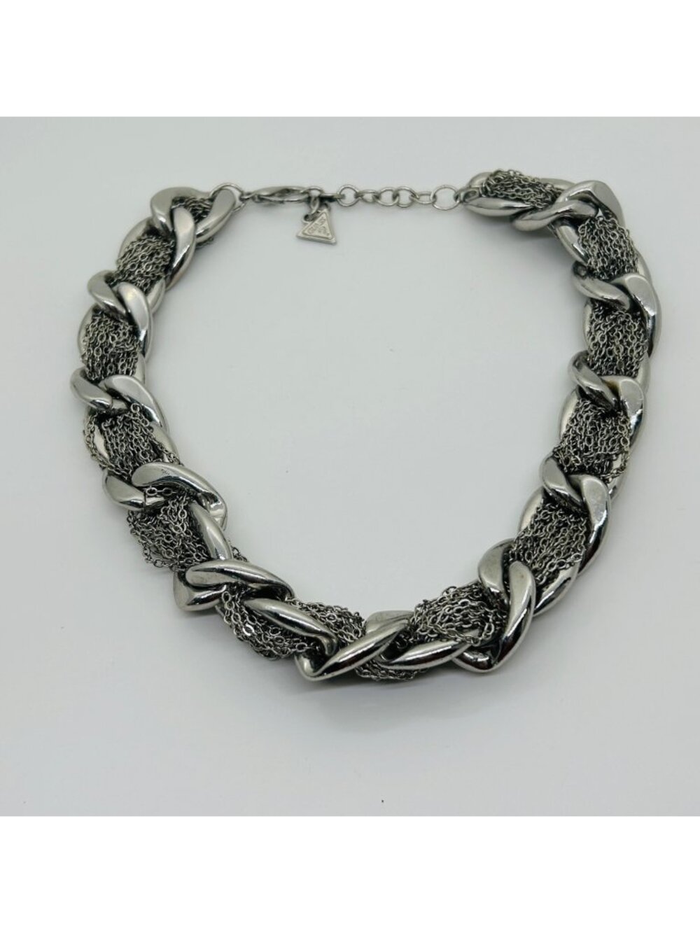 GUESS Heavy Metal Necklace Silver Tone Curb Braided Multi-Strand Mesh Statement